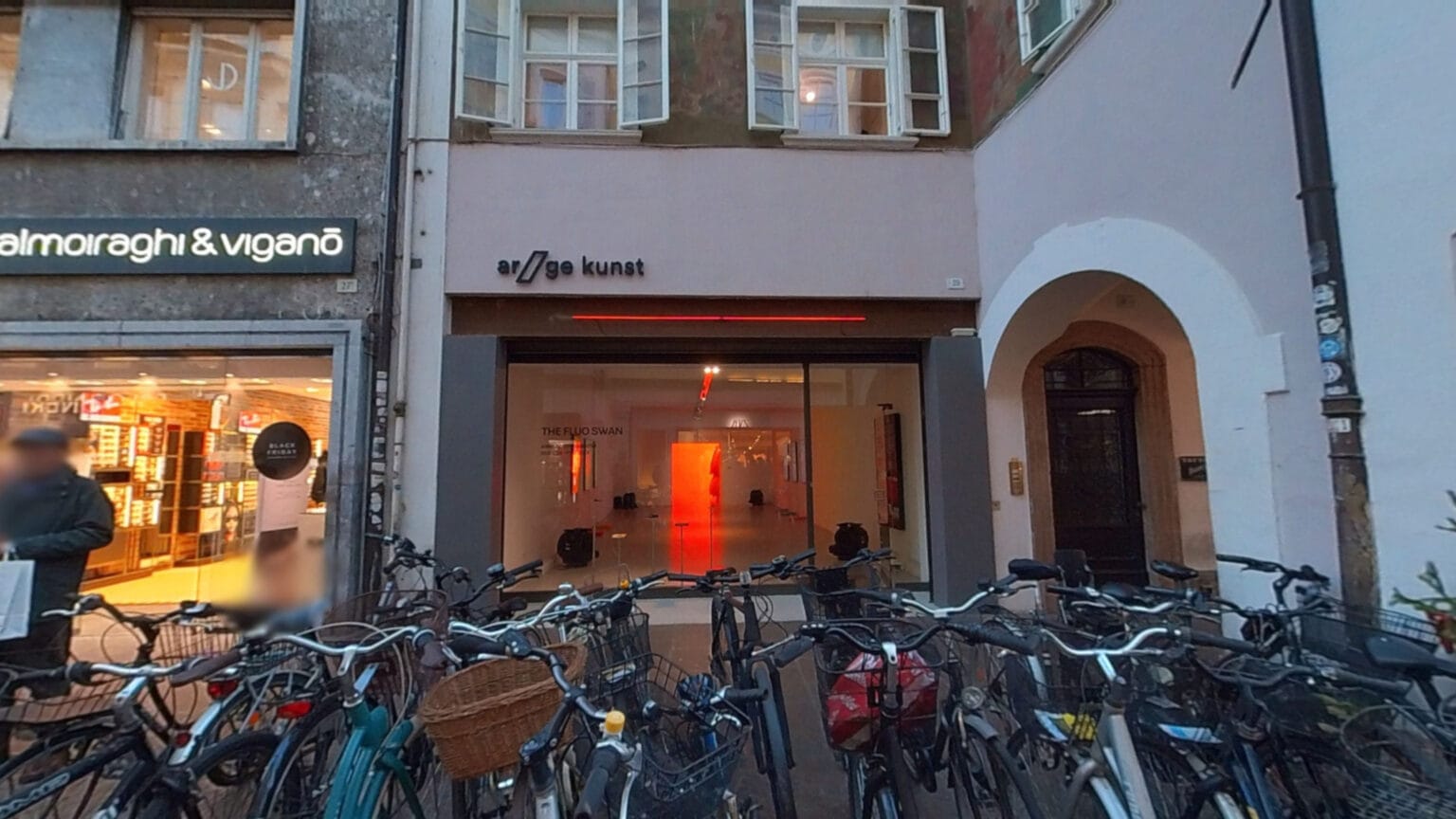 The Fluo Swan - la mostra dell'artista Anna Scalfi Eghenter presso Ar/GE Kunst di Bolzano - la vetrina della galleria dalla strada