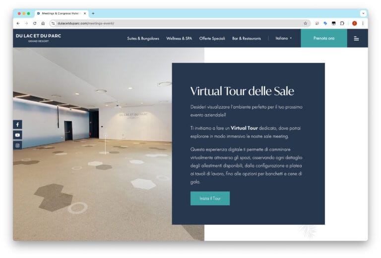Hotel Du Lac et Du Parc Grand Resort - virtual stage per gli allestimenti delle sale meeting ed eventi basate su virtual tour 3D - link al virtual tour 3D dal sito web dell'hotel.