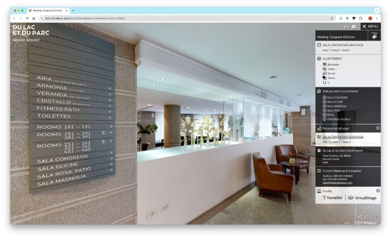 Hotel Du Lac et Du Parc Grand Resort - virtual stage per gli allestimenti delle sale meeting ed eventi basate su virtual tour 3D - l'inizio del percorso virtuale e il menù con tutti gli allestimenti