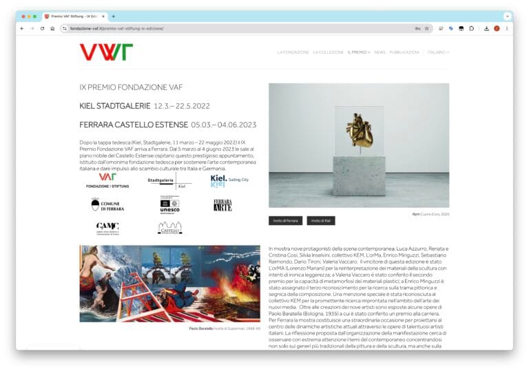 Sito web del premio VAF / VWF Stiftung riservato a giovani artisti italiani - pagine interne