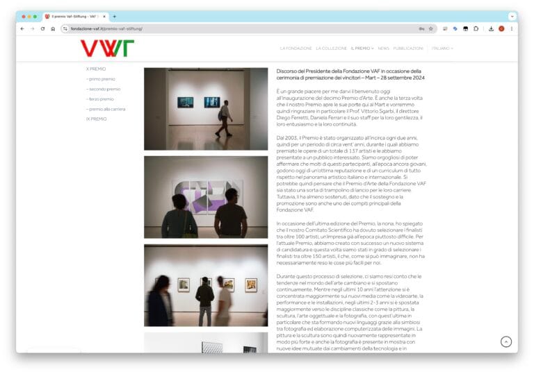 Sito web del premio VAF / VWF Stiftung riservato a giovani artisti italiani - pagine interne